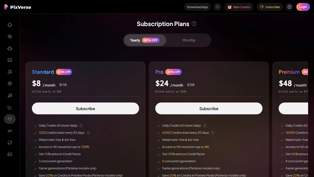 Subscription cards on the PixVerse subscribe page with the yearly toggle active: Standard $8, Pro $24 and Premium $48 a month, each marked 20% Off.