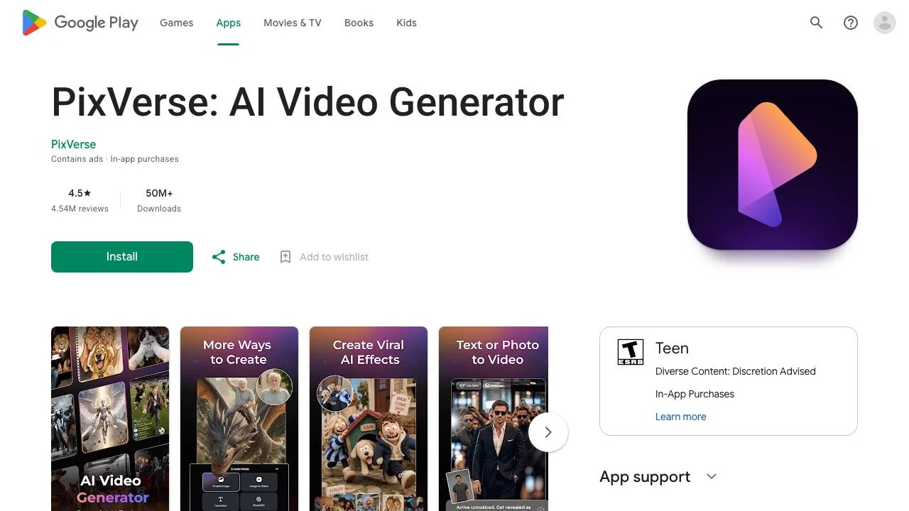 The Google Play listing for PixVerse on 15 October 2026: 4.5 stars, 4.54M reviews, 50M+ downloads and the Contains ads and In-app purchases labels.