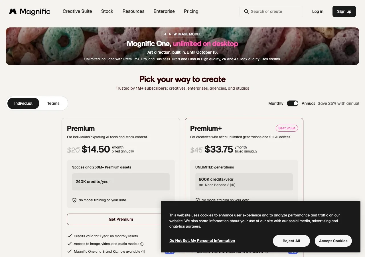 Magnific's pricing page, read 15 Oct 2026: Premium, Premium+ and Pro Starter with yearly credit allowances and uncapped tiers.