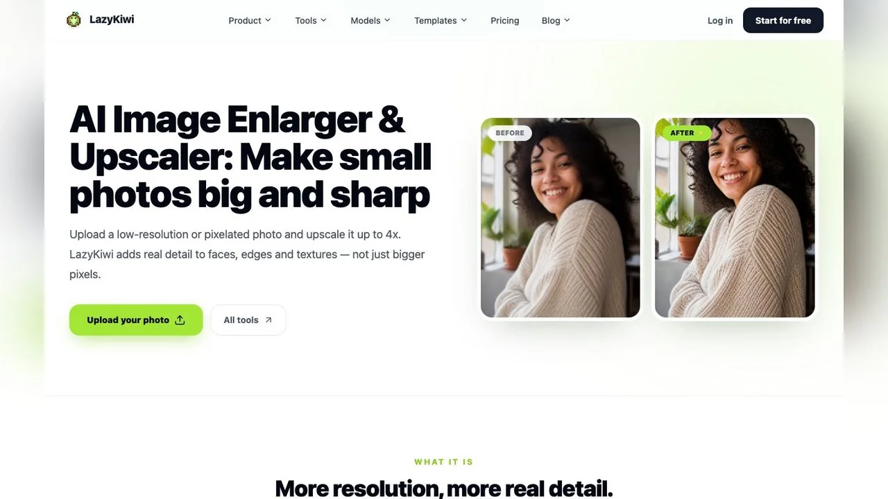 LazyKiwi's AI Photo Upscaler page: upload a small or pixelated photo and enlarge it up to 4x, free to try without a card.