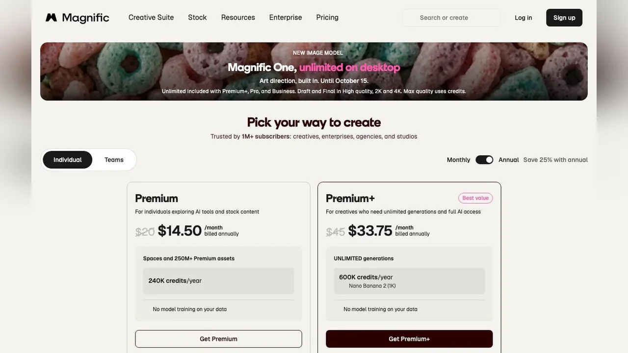 Magnific's pricing page on 15 October 2026 with annual billing: Premium $14.50 and Premium+ $33.75 a month, and a Magnific One promotion running until 15 October.