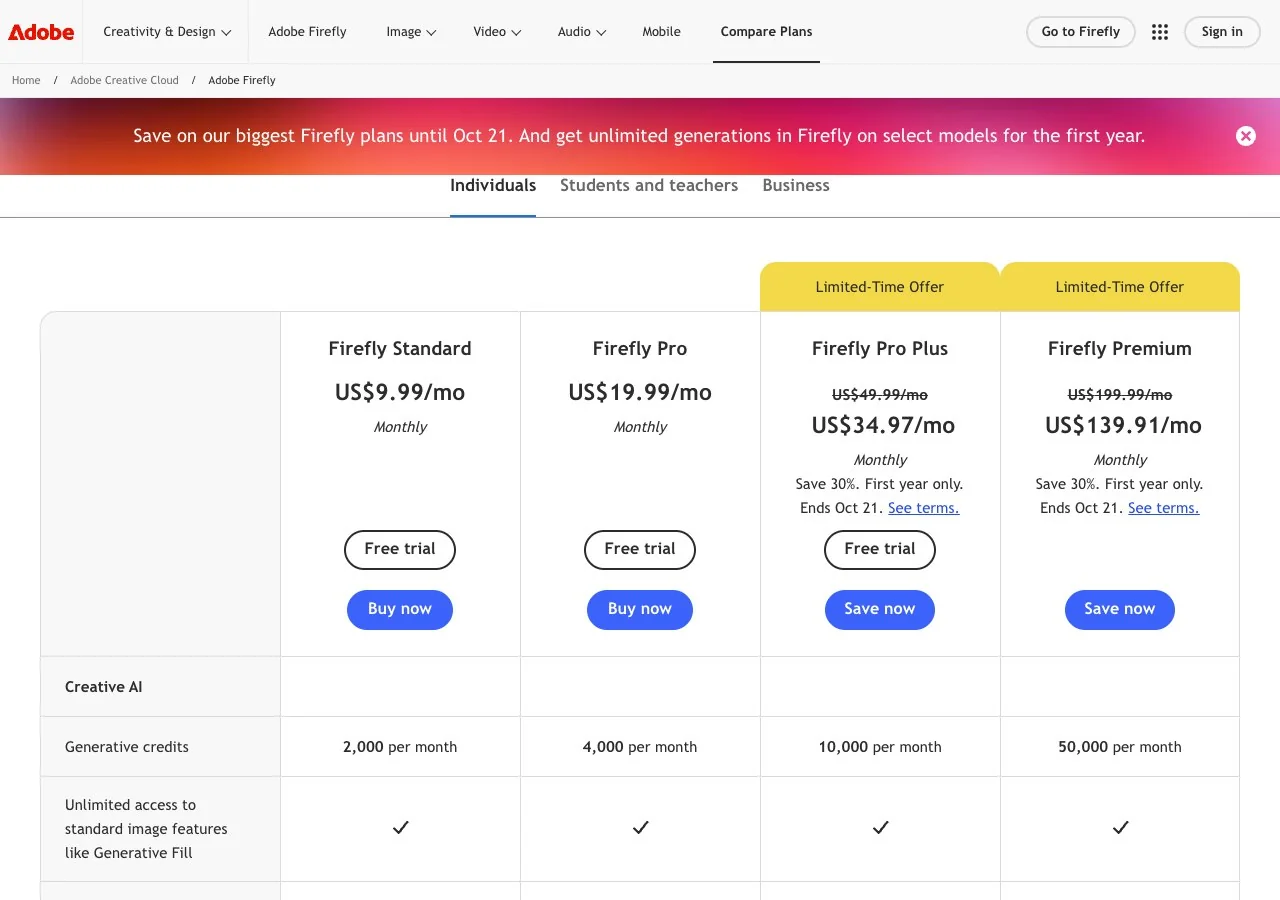 Adobe Firefly's plan cards, read 15 Oct 2026, showing the four Firefly tiers and their monthly prices.
