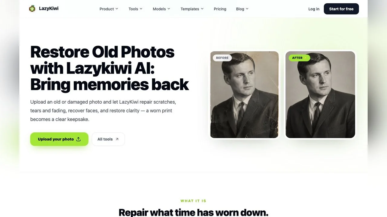 LazyKiwi's Photo Restoration tool: scratches, tears and fading repaired and faces recovered, with a free first result.