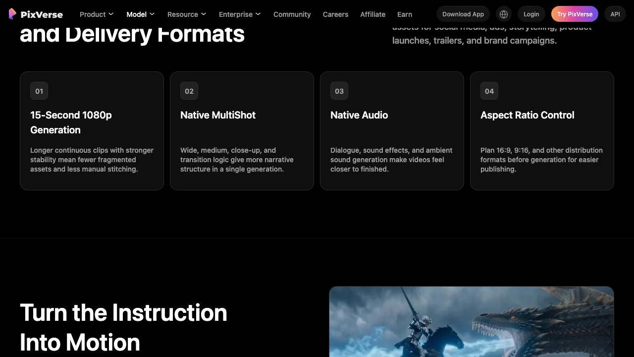 The four capability cards on the official PixVerse V6 page: 15-second 1080p generation, native MultiShot, native audio and aspect ratio control (screenshot taken 15 October 2026).