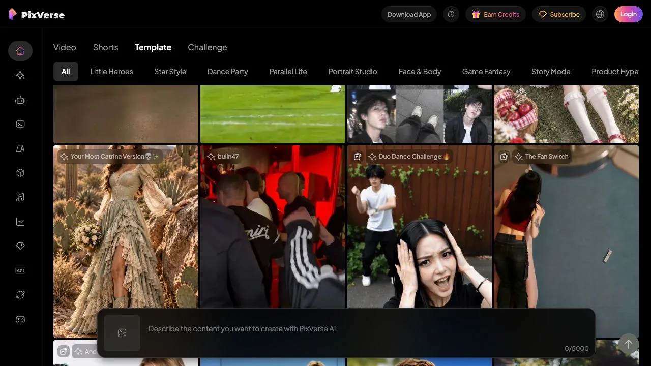 The template gallery and prompt box in the PixVerse web app before login. The box defaults to 540p, 16:9, 5 seconds, with Audio and Multi-Shot enabled.