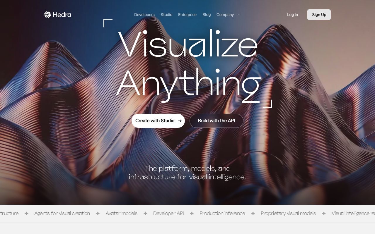 Hedra's home page on 5 September 2026: avatar models sit alongside its studio and API, with no stock presenter library.