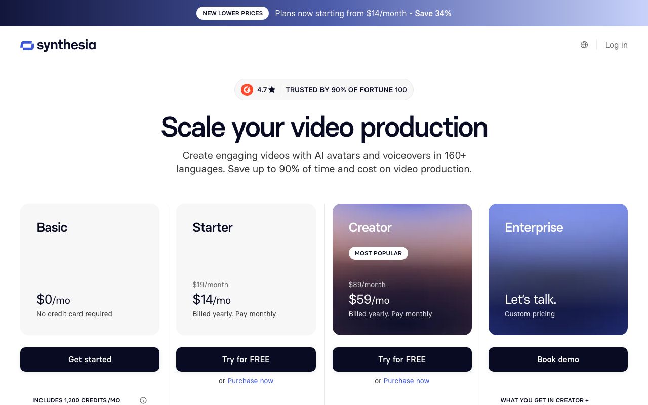 Synthesia's pricing page on 5 September 2026: Basic at $0 with no card, then Starter and Creator at yearly-billing prices that vary by region.