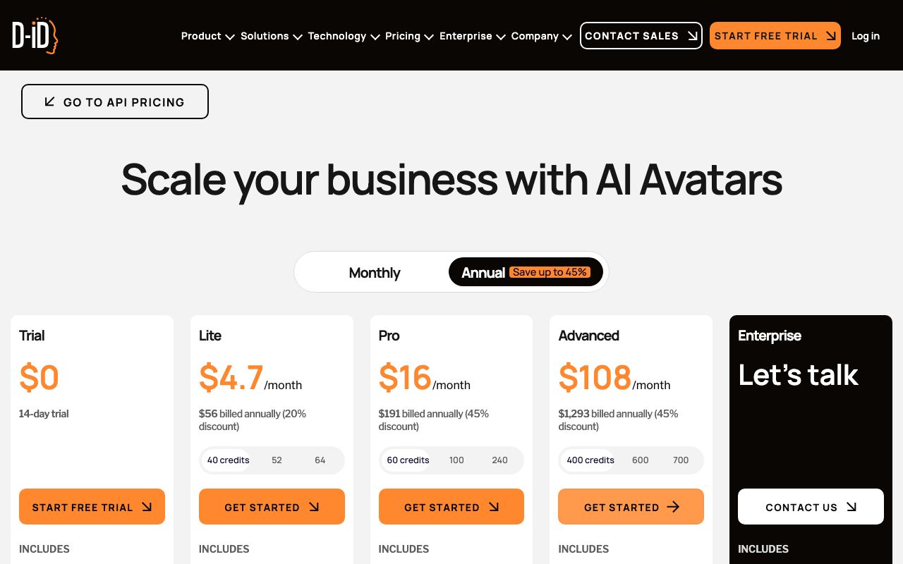 D-ID Studio plans, yearly toggle, 5 Sept 2026: Trial $0, Lite $4.7, Pro $16, Advanced $108 per month.