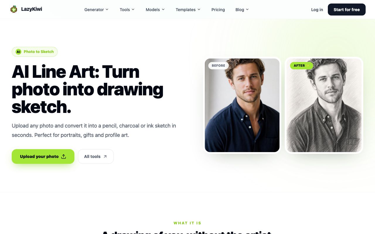 The LazyKiwi photo to sketch tool page: upload a photo, choose pencil, charcoal or ink and a detail level, then download the drawing.