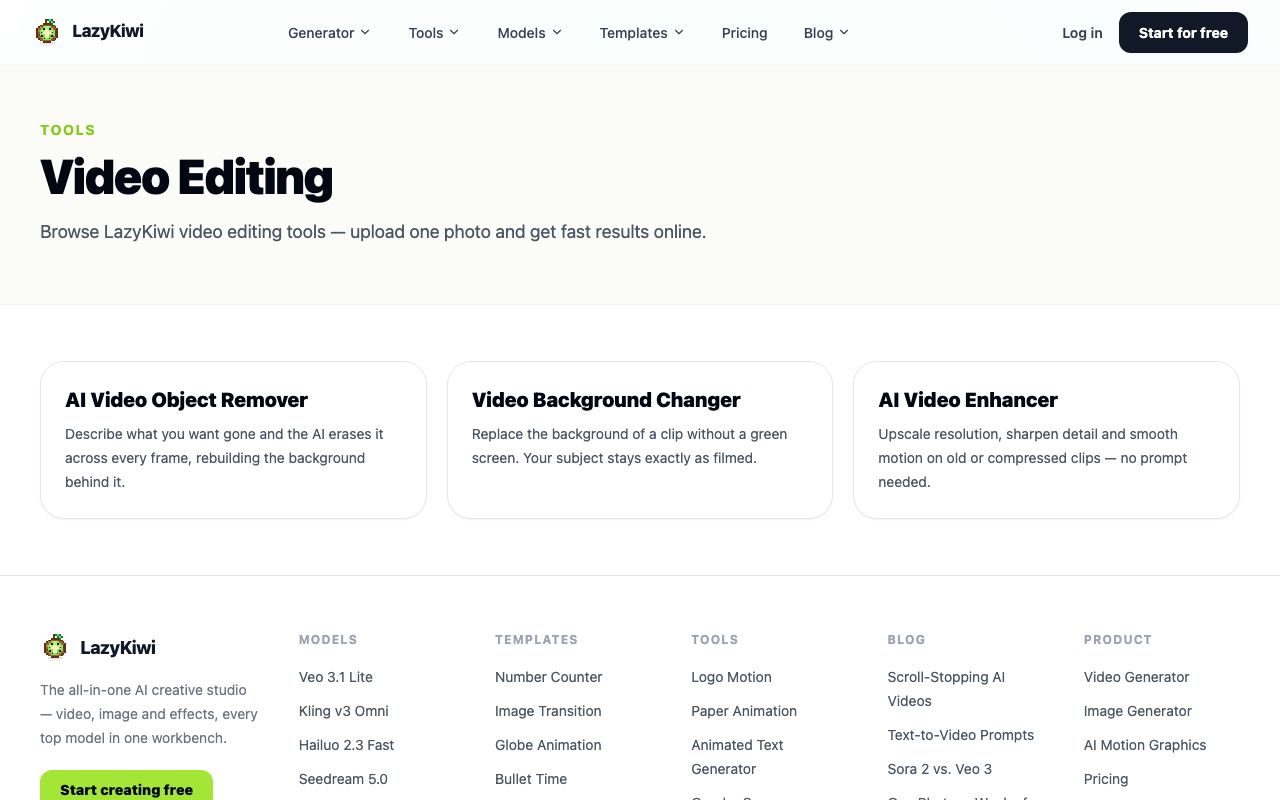 The LazyKiwi Video Editing tools hub on lazykiwi.ai listing three cards: AI Video Object Remover, Video Background Changer and AI Video Enhancer.
