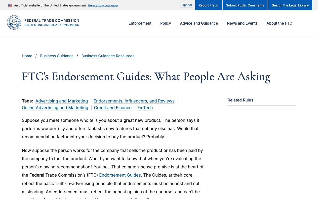 The FTC's Endorsement Guides FAQ, which applies to synthetic presenters that recommend a product.