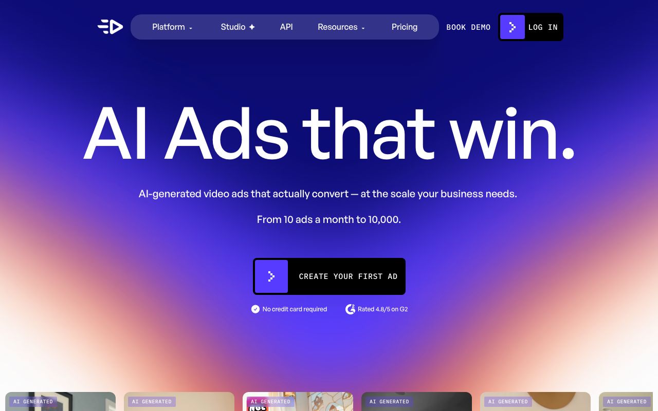 Creatify's home page on 5 September 2026: AI-generated video ads from 10 a month to 10,000, first ad without a credit card.