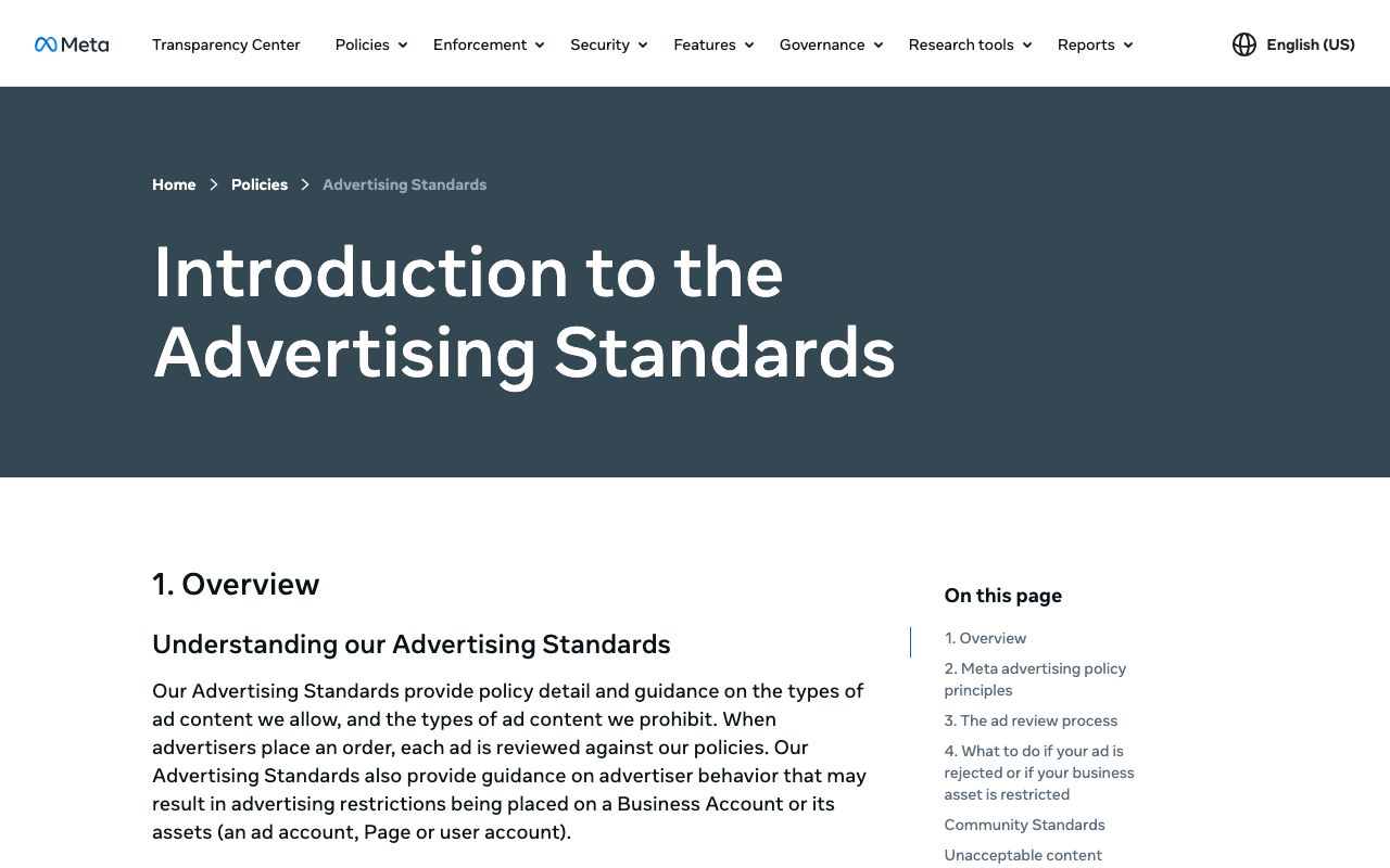 Meta's Advertising Standards in the Transparency Center, the policy that governs synthetic-presenter ads on Facebook and Instagram.
