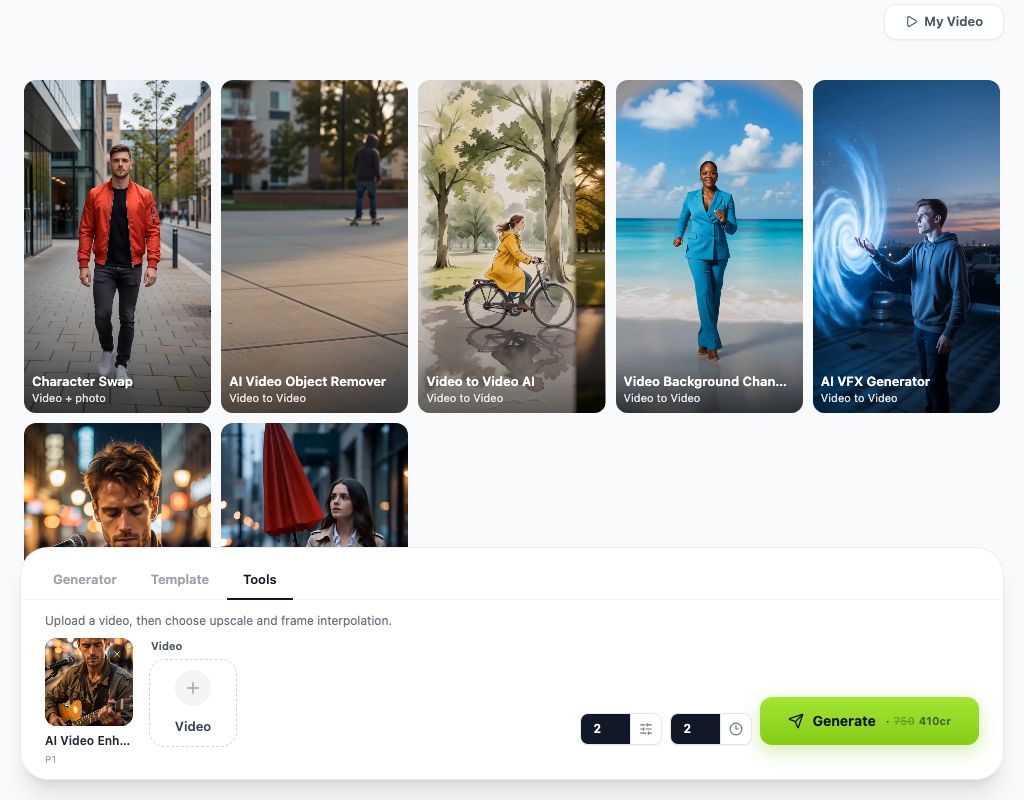 The AI Video Enhancer in the video workbench Tools tab on 5 September 2026: upscale and frame-interpolation selectors at 2, and the Generate button showing 750 credits struck through and 410 charged.