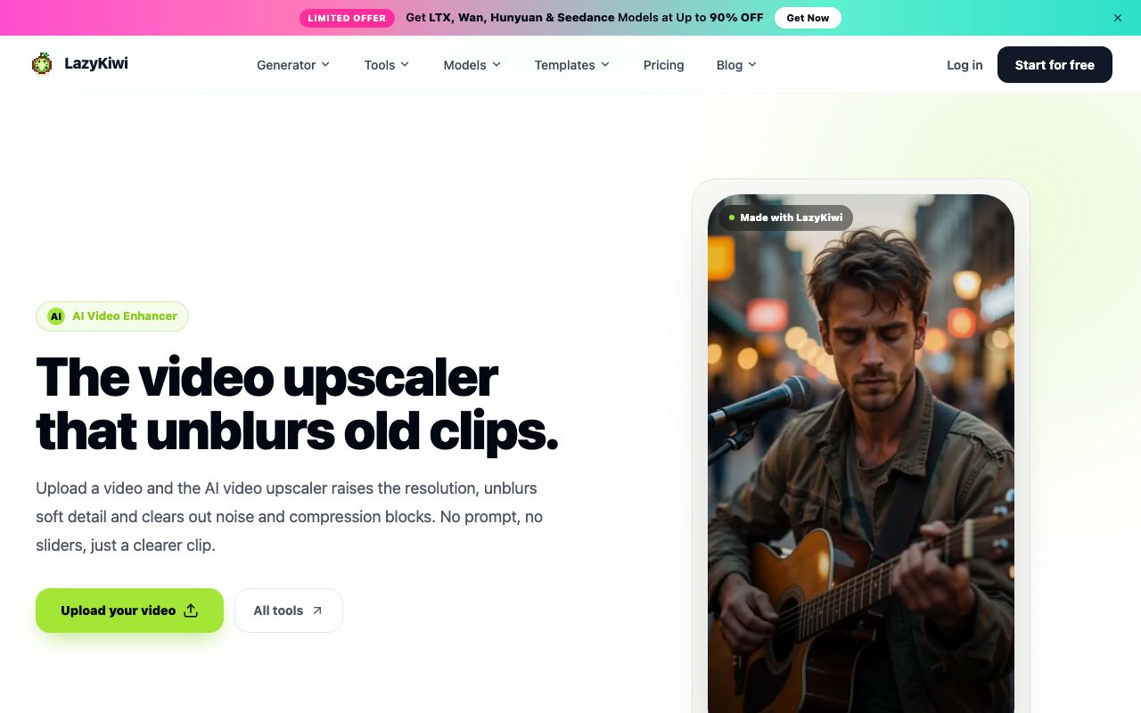 The LazyKiwi AI Video Enhancer page on lazykiwi.ai: headline 'The video upscaler that unblurs old clips', an Upload your video button and a Made with LazyKiwi sample of a street musician.