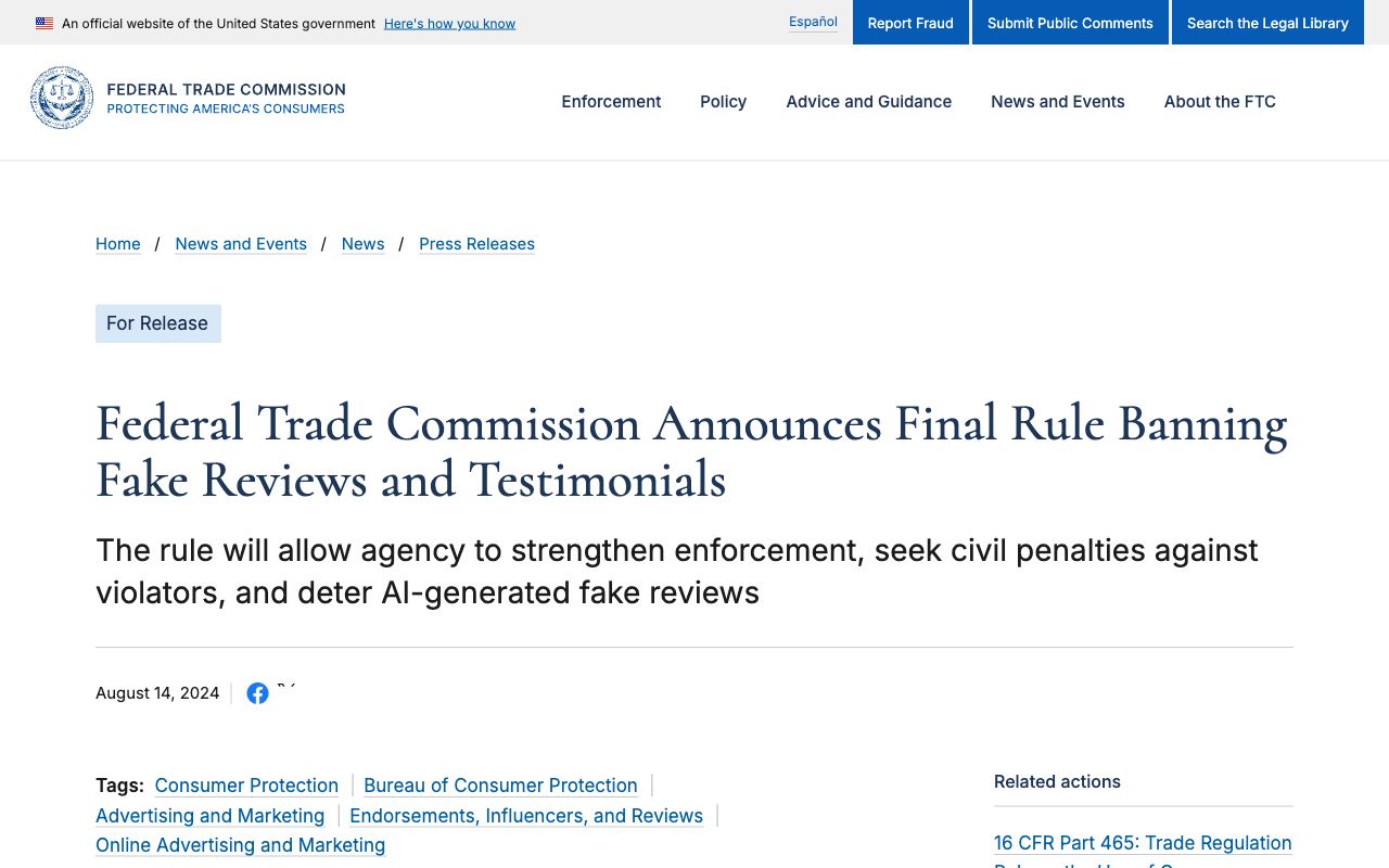 The FTC's August 2024 press release on the final rule banning fake reviews and testimonials, including AI-generated ones.