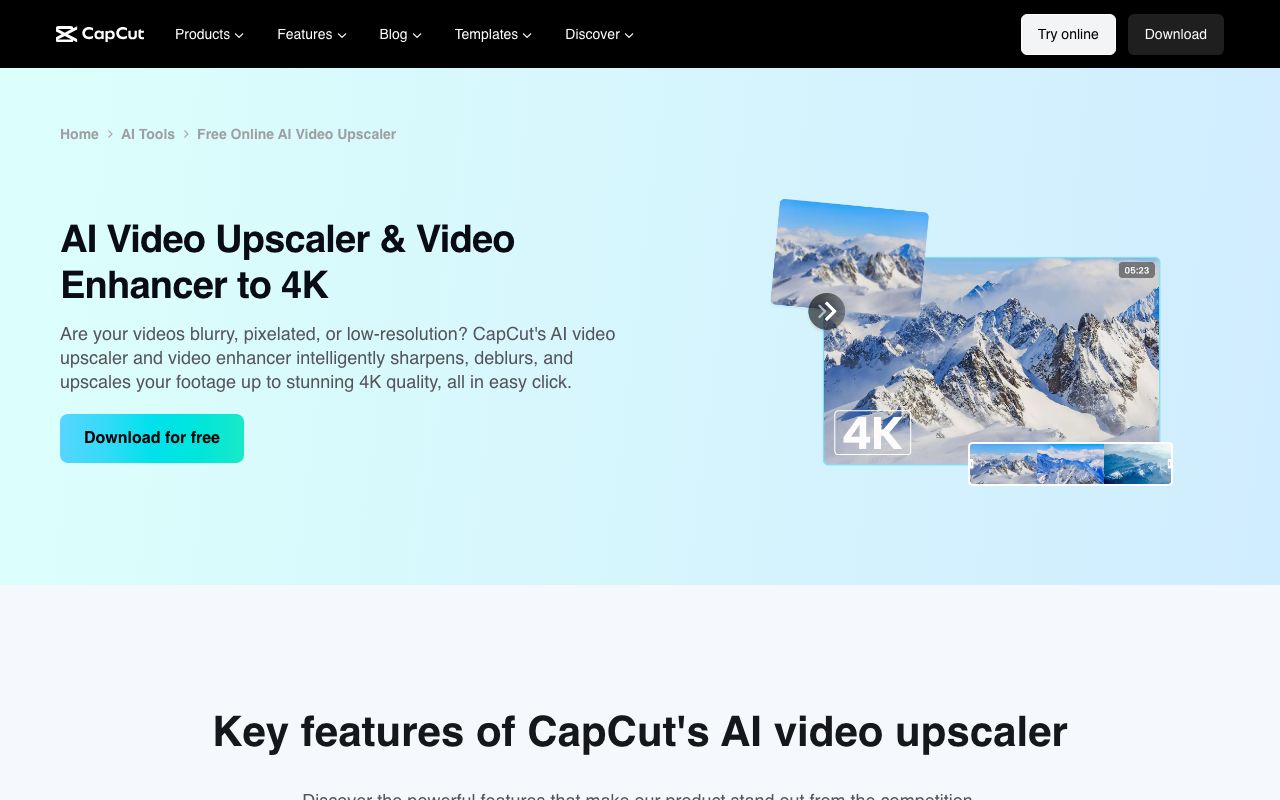 CapCut's upscaler landing page with its headline promising enhancement to 4K, a short description and a Download for free button.