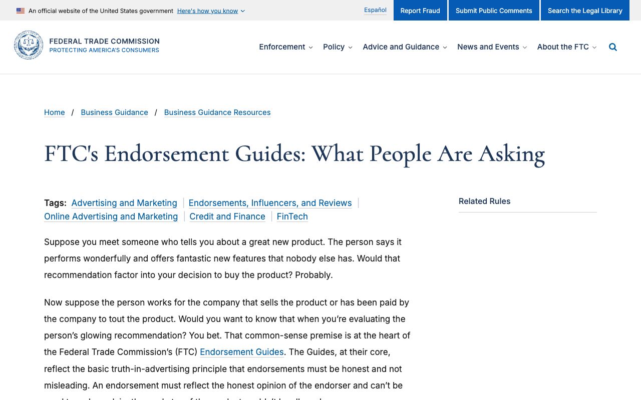 The FTC's endorsement guidance FAQ, captured 2026-09-06: the advertising rules apply regardless of how the picture was made.