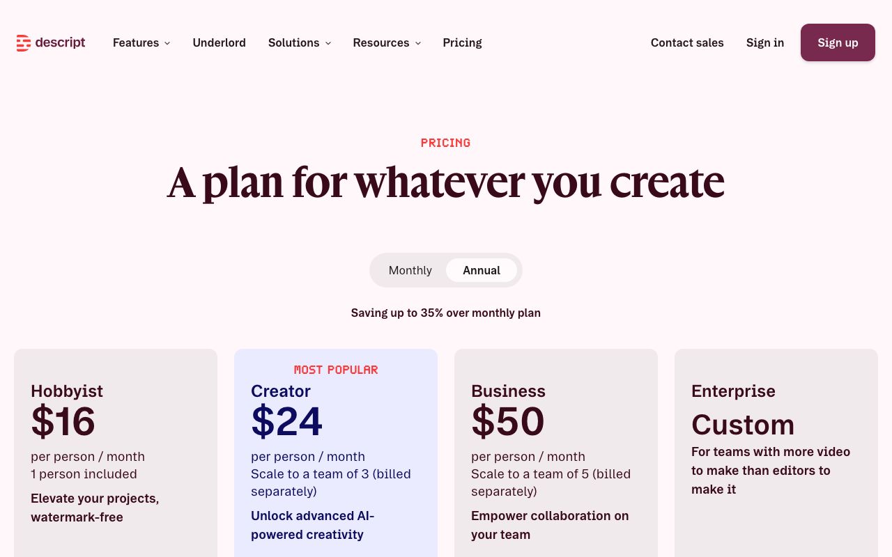 Descript's pricing page with the Annual toggle selected: Hobbyist $16, Creator $24 and Business $50 per person per month, Enterprise on request.