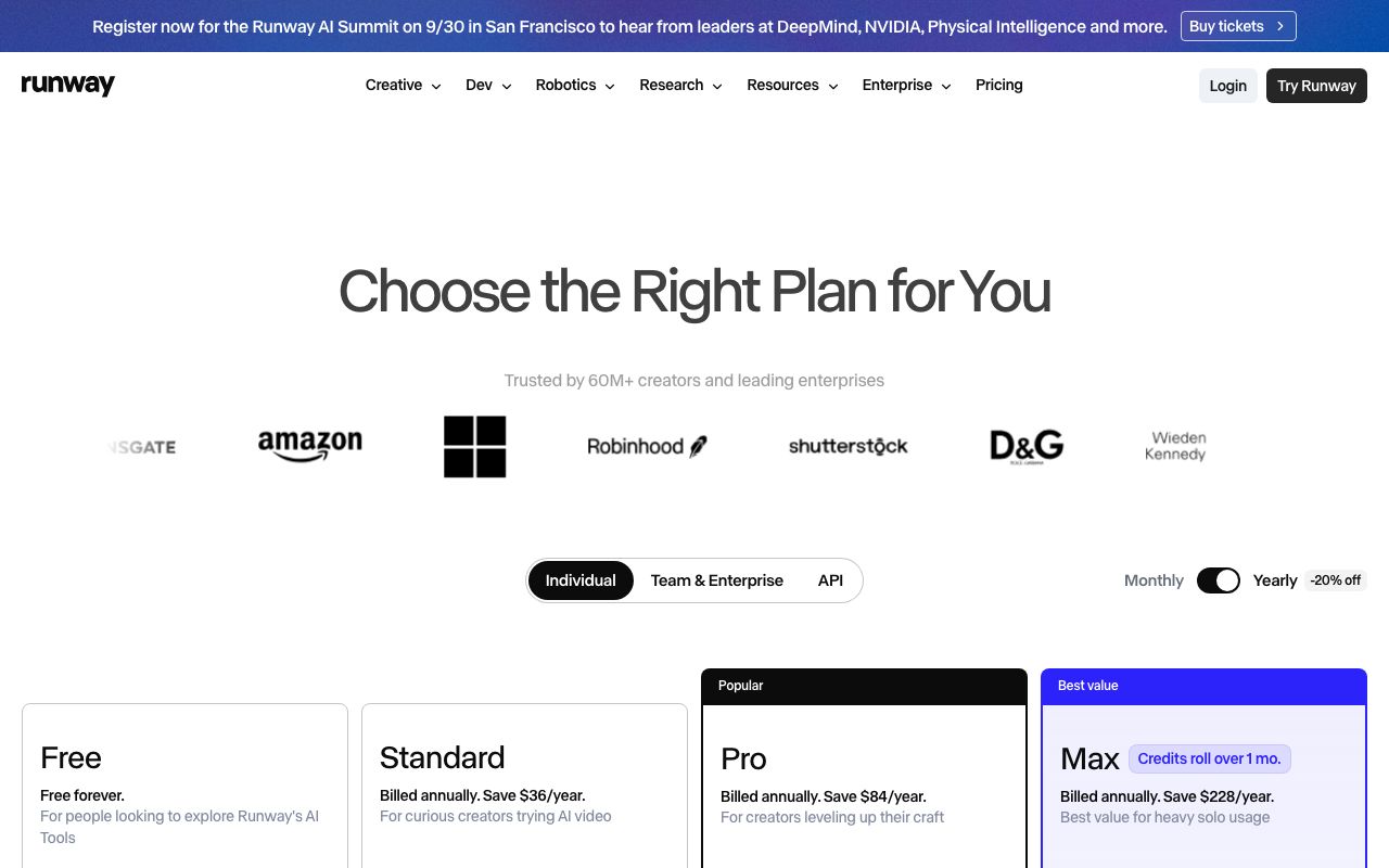 Runway's pricing page showing the Individual tab, the Yearly toggle with a 20 percent discount, and the Free, Standard, Pro and Max plan cards.