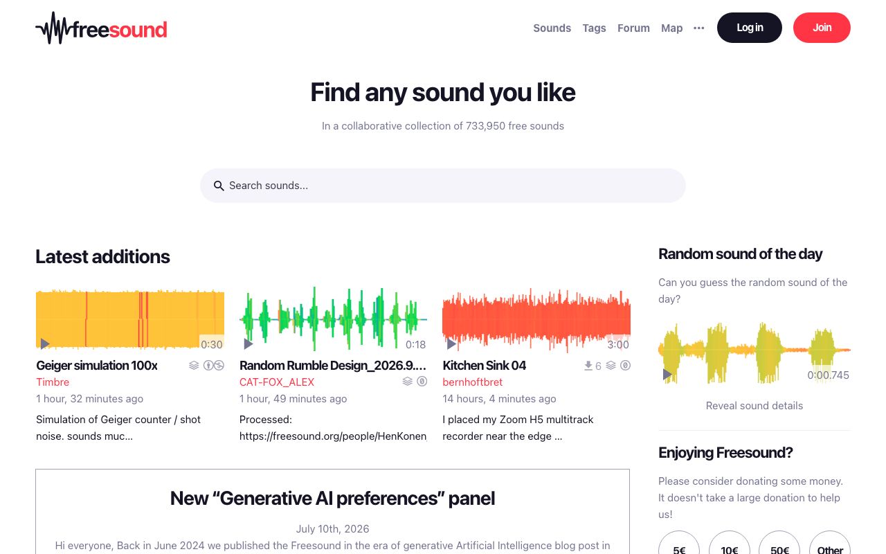Freesound's home page at capture, showing the search box and the total count of 733,950 free sounds; each result lists its Creative Commons licence next to the waveform.