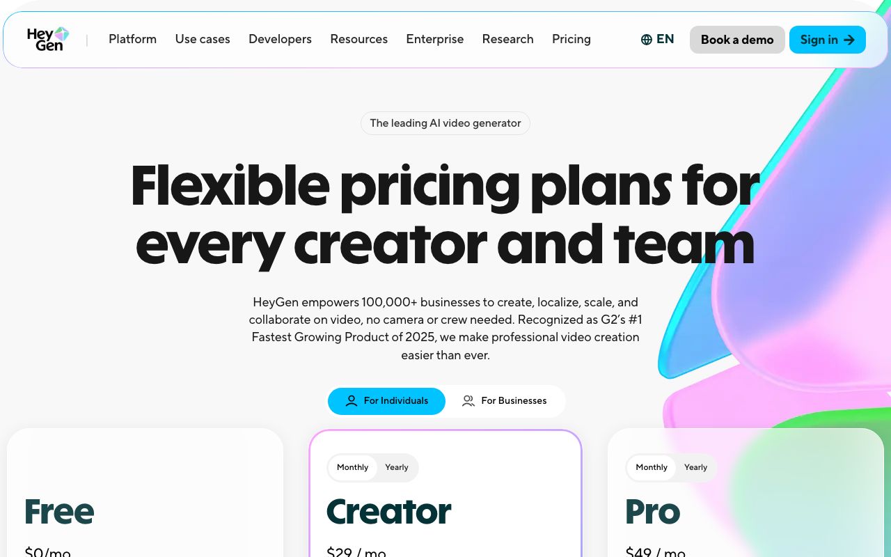 What HeyGen charges on 5 Sept 2026: $0, $29 (Creator) and $49 (Pro) tiers side by side.