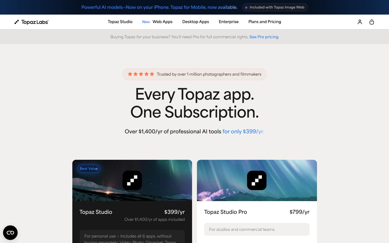 Topaz Labs' Plans and Pricing page on the verification day: Topaz Studio at $399 a year and Topaz Studio Pro at $799 a year, with a banner noting Pro is required for full commercial rights.