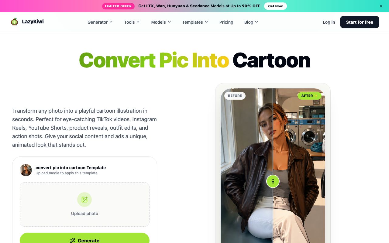 The convert-pic-into-cartoon template page on lazykiwi.ai showing the before and after strip for the effect.
