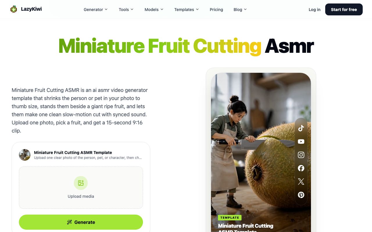 The miniature fruit cutting ASMR template page on lazykiwi.ai, with the upload box on the left and the 15-second 9:16 example clip on the right.