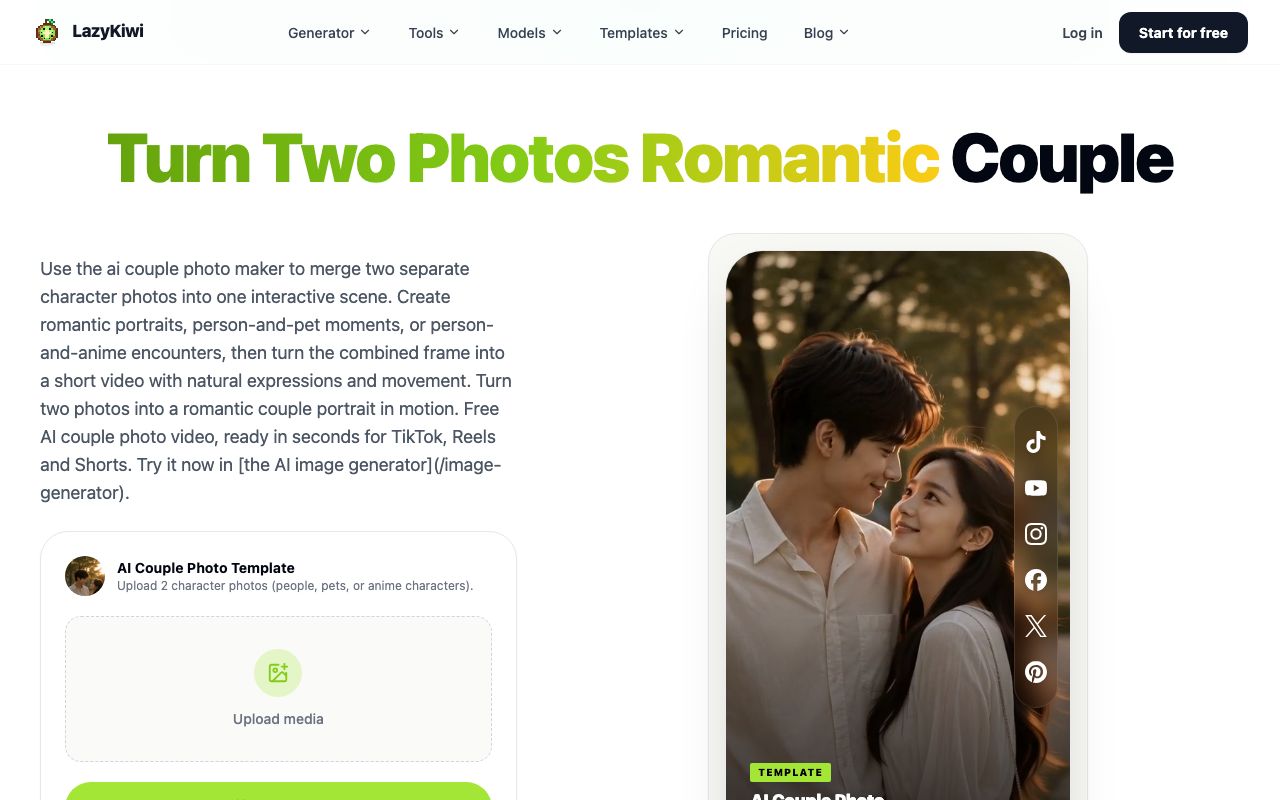 The LazyKiwi AI couple photo template page, which merges two character photos of people, pets or anime characters into one scene and turns the result into a short video.