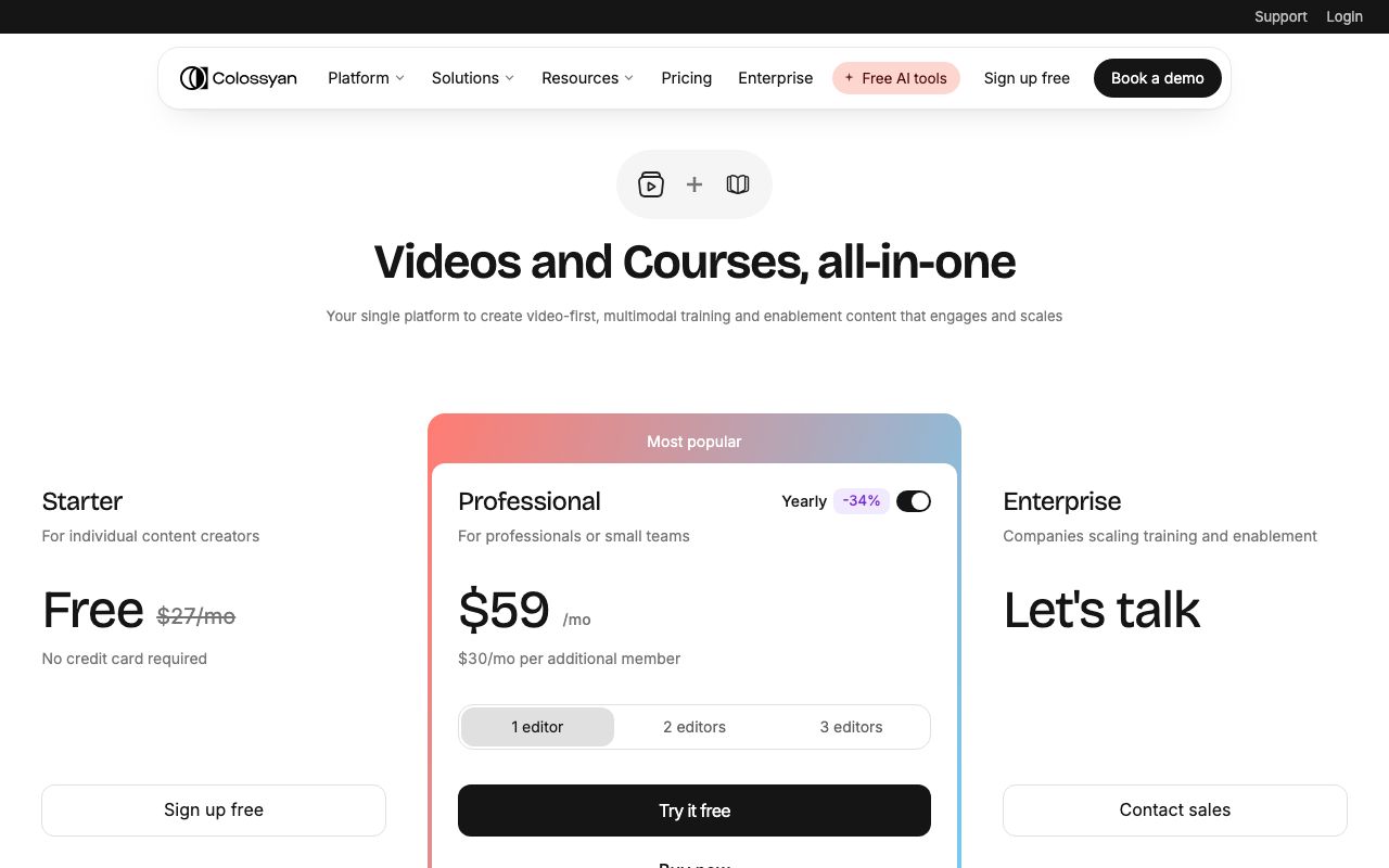Colossyan, 5 Sept 2026: Starter free, no card; Professional $59 per month on yearly billing.