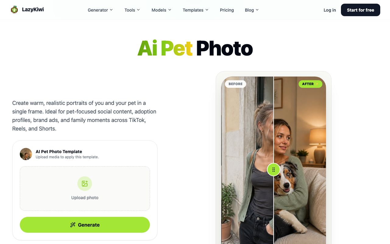 The AI Pet Photo template landing page: an upload box and Generate button beside a before-and-after slider that turns a living-room snapshot into a person-and-pet portrait.