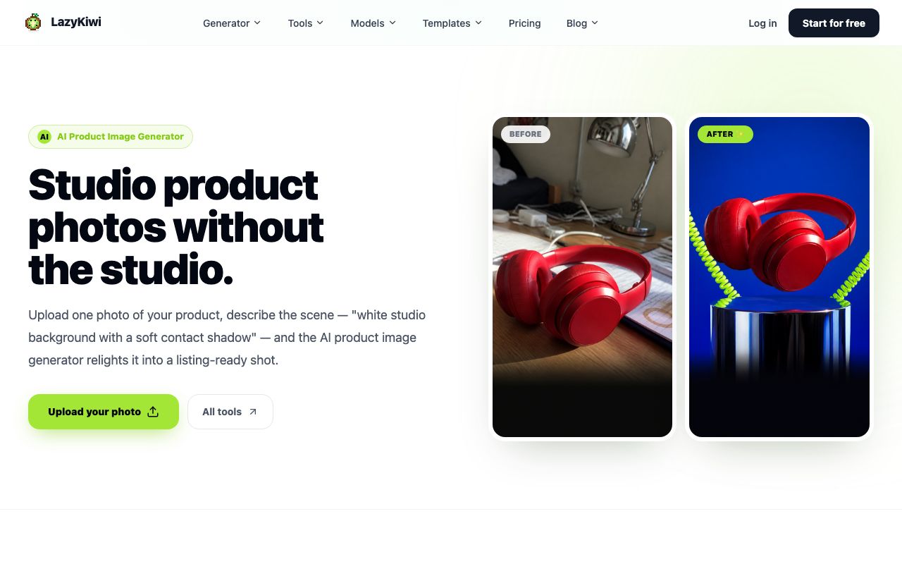 The AI product image generator page on lazykiwi.ai, showing the before-and-after pair the tool is built for: a phone photo in, a clean studio product image out.