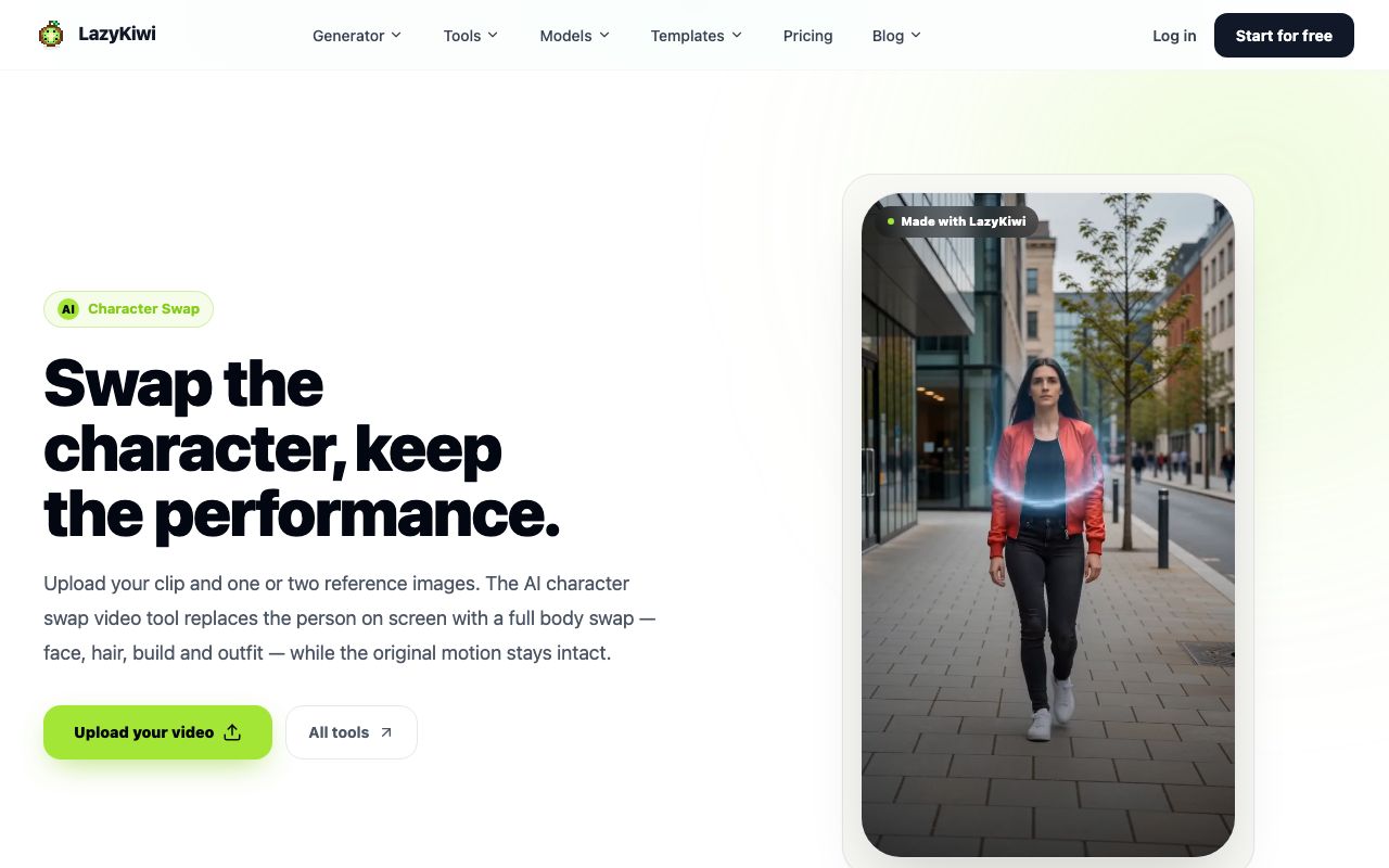 LazyKiwi's character swap landing page, where the sample clip runs a walking figure with the replacement applied across the entire body rather than the face alone.