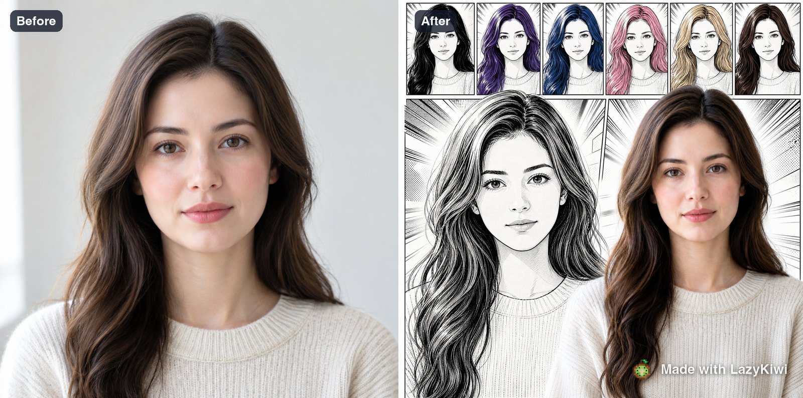 The portrait and its Anime Fusion Filter version, generated in LazyKiwi at 1:1 and 1K (GPT Image 2, 13 credits): same face structure, cel shading; watermark added.