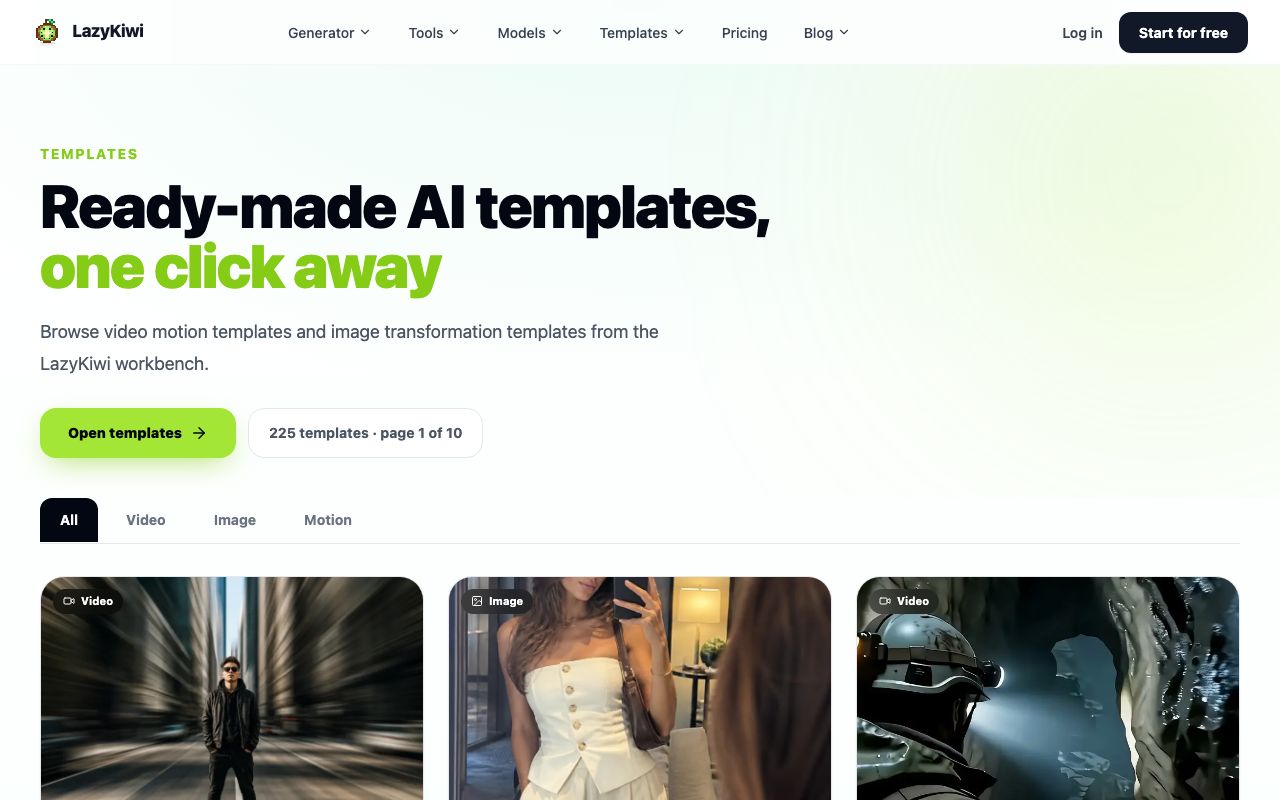 The LazyKiwi templates hub on 2026-09-06, showing 225 templates across ten pages and the Video, Image and Motion filters; the order is driven by the demand score.