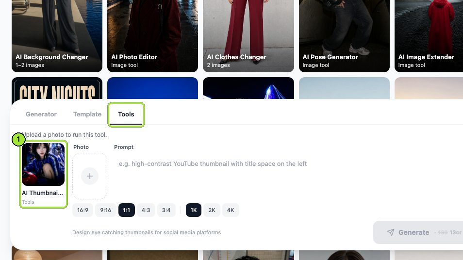 Step 1: Open the AI Thumbnail Maker from the link; it loads in the Tools tab with the tool chip selected.