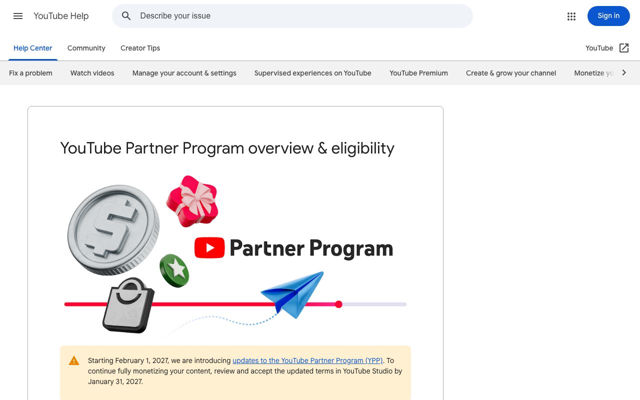 The YouTube Partner Program eligibility page, checked on 5 September 2026: 1,000 subscribers plus 4,000 watch hours or 10 million Shorts views.
