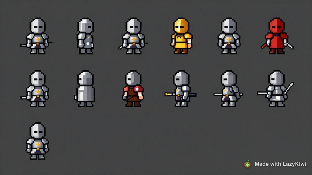 Knight sprite sheet generated in LazyKiwi with Z-Image (16:9, 1K, 2 credits) from the prompt above, before palette clean-up; LazyKiwi watermark added.