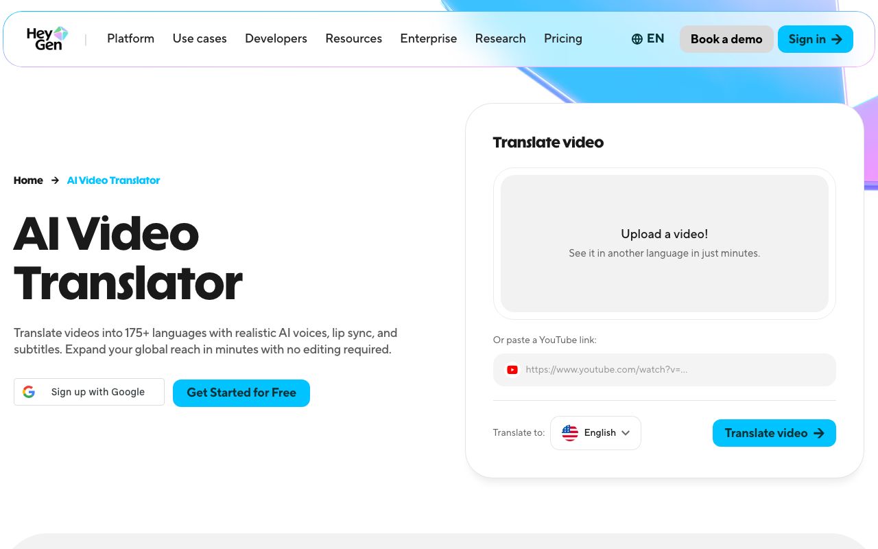 HeyGen's AI Video Translator page: the 175+ languages claim next to an upload box, a YouTube-link field and a Translate to language picker.