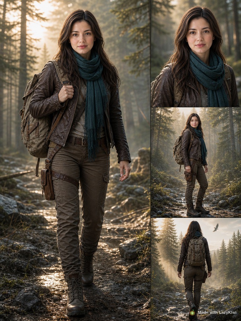 Same reference, same wording, only the scene sentence changed to a misty pine forest: the identity holds. GPT Image 2 again at 3:4, 1K, 13 credits; watermarked.