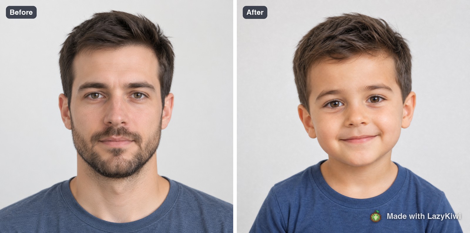 Left: our fictional adult portrait. Right: the same face run through LazyKiwi's See Yourself as a Baby template (GPT Image 2, 1:1, 1K, 13 credits); LazyKiwi watermark added.