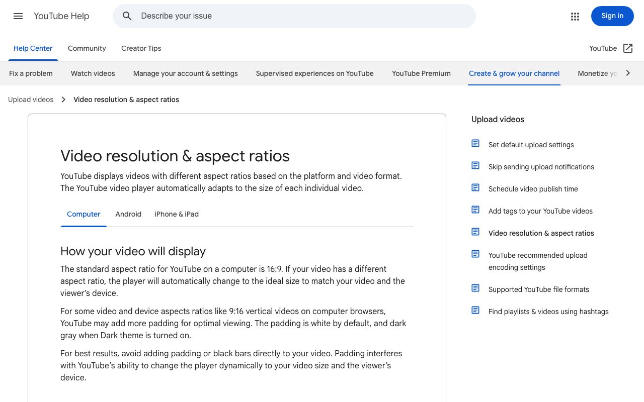 YouTube's help page on adding video thumbnails, opened on September 6, 2026, which lists the resolution, format, aspect-ratio and file-size rules quoted above.