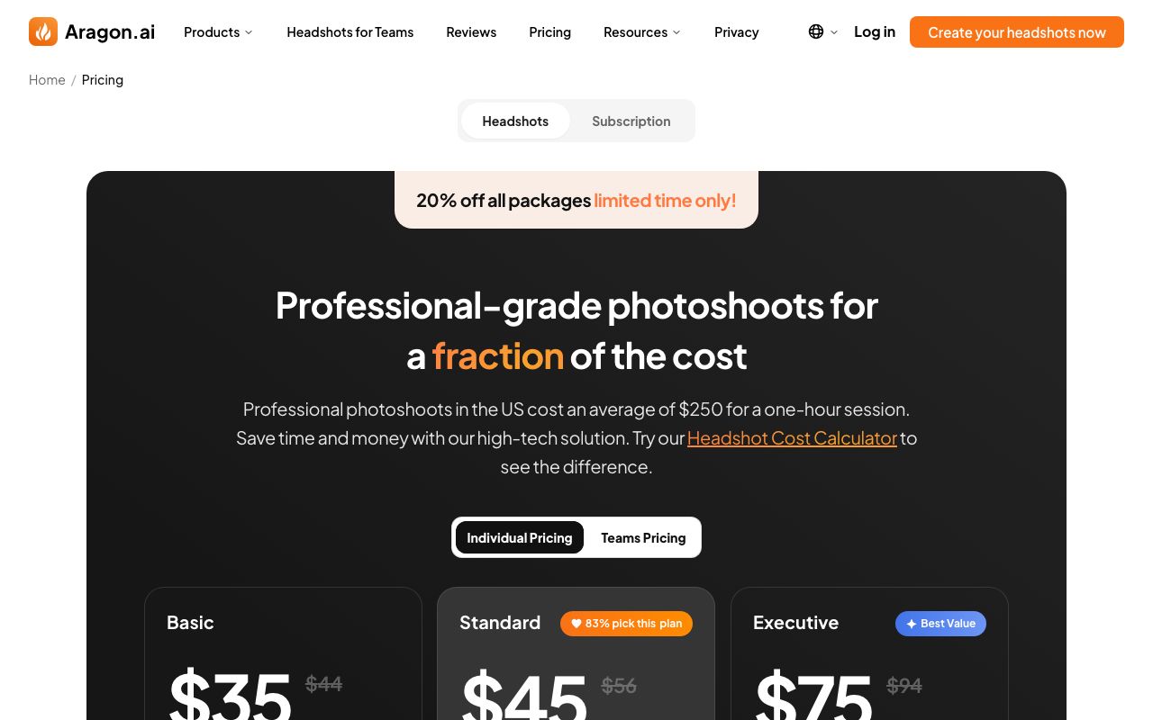 Aragon's individual pricing page on September 6, 2026 with the Basic, Standard and Executive headshot packages at 35, 45 and 75 USD and a 20 percent limited-time discount banner.