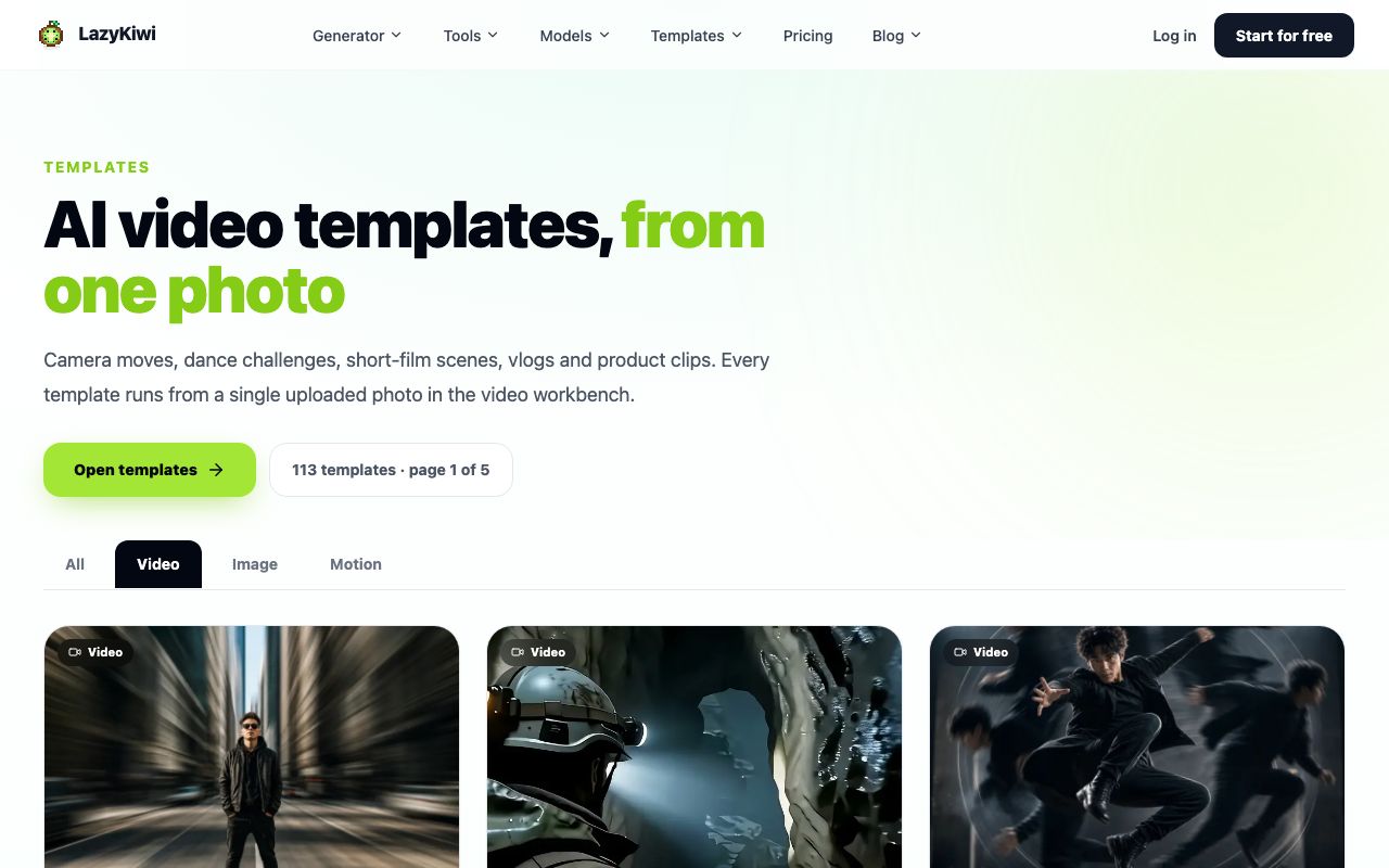 LazyKiwi's video template hub: camera-move templates such as slow zoom and tracking shot turn a still map or engraving into documentary B-roll.