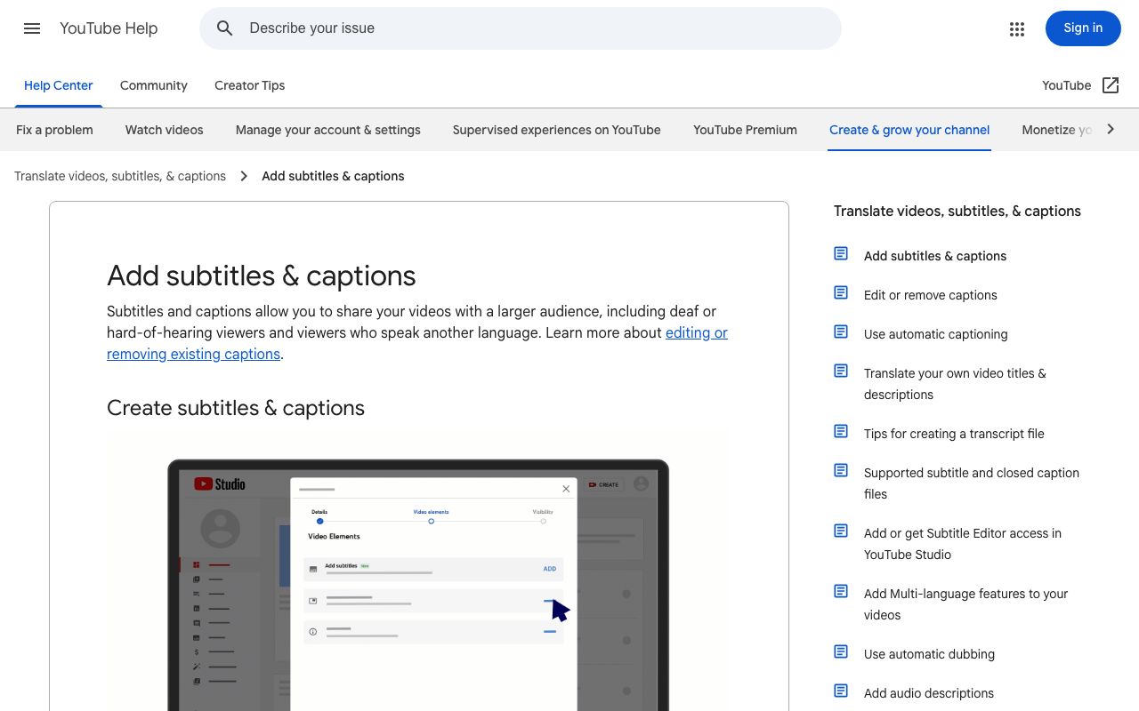 YouTube Help's Add subtitles and captions article, which lists the upload-a-file, auto-sync transcript and type-manually options next to automatic captions.
