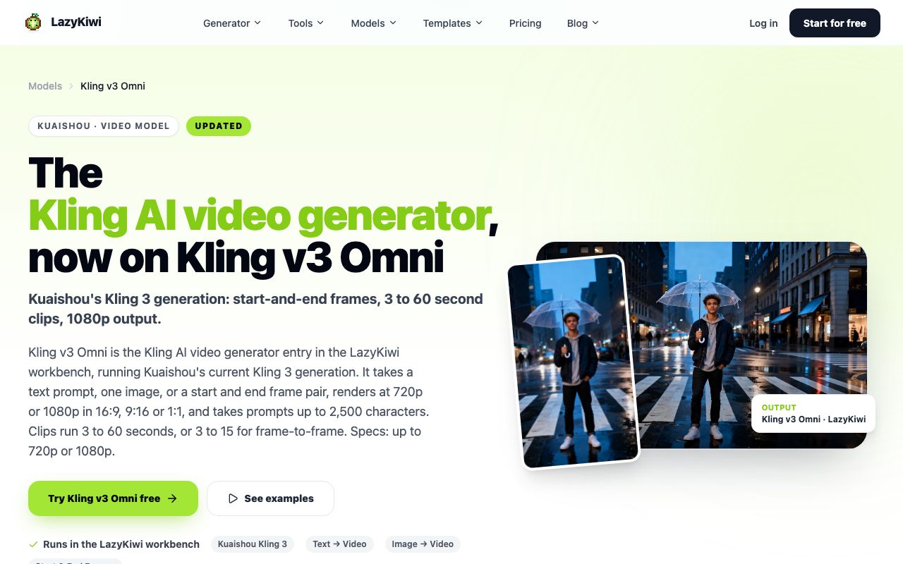 The Kling v3 Omni model page: text, image or frame-pair input, 3 to 60 seconds, 720p or 1080p, prompts up to 2,500 characters.
