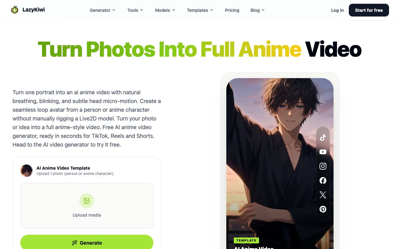 The AI anime video template page on lazykiwi.ai, showing the single-photo input and the breathing-and-blink loop description.