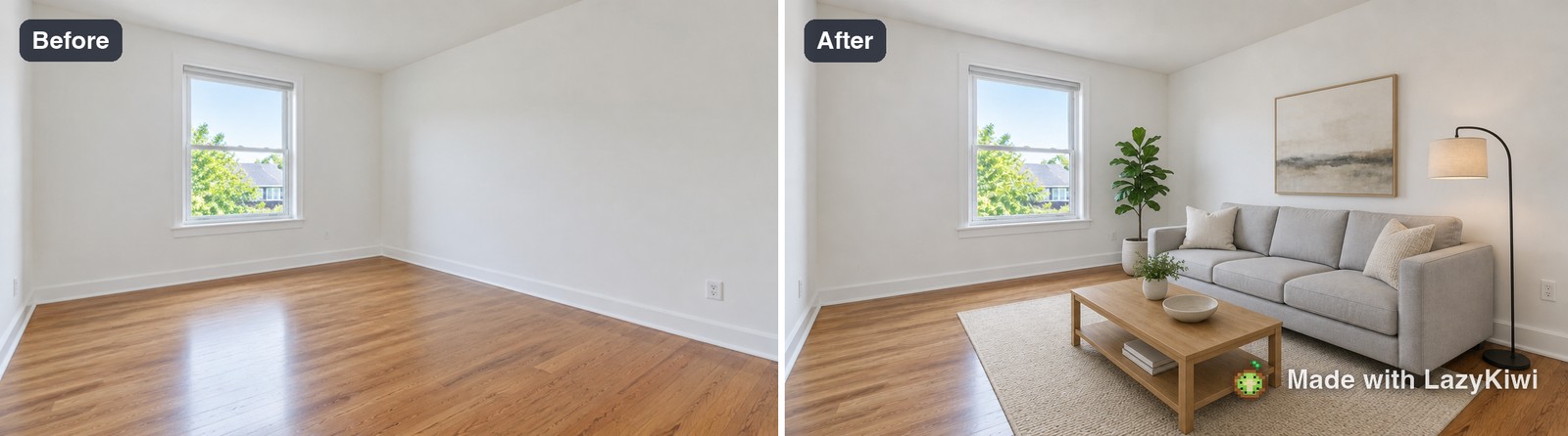 Empty room in, staged listing photo out, generated in LazyKiwi with Virtual Staging at 16:9 and 1K (GPT Image 2, 13 credits). Disclose it as virtually staged; watermark added.