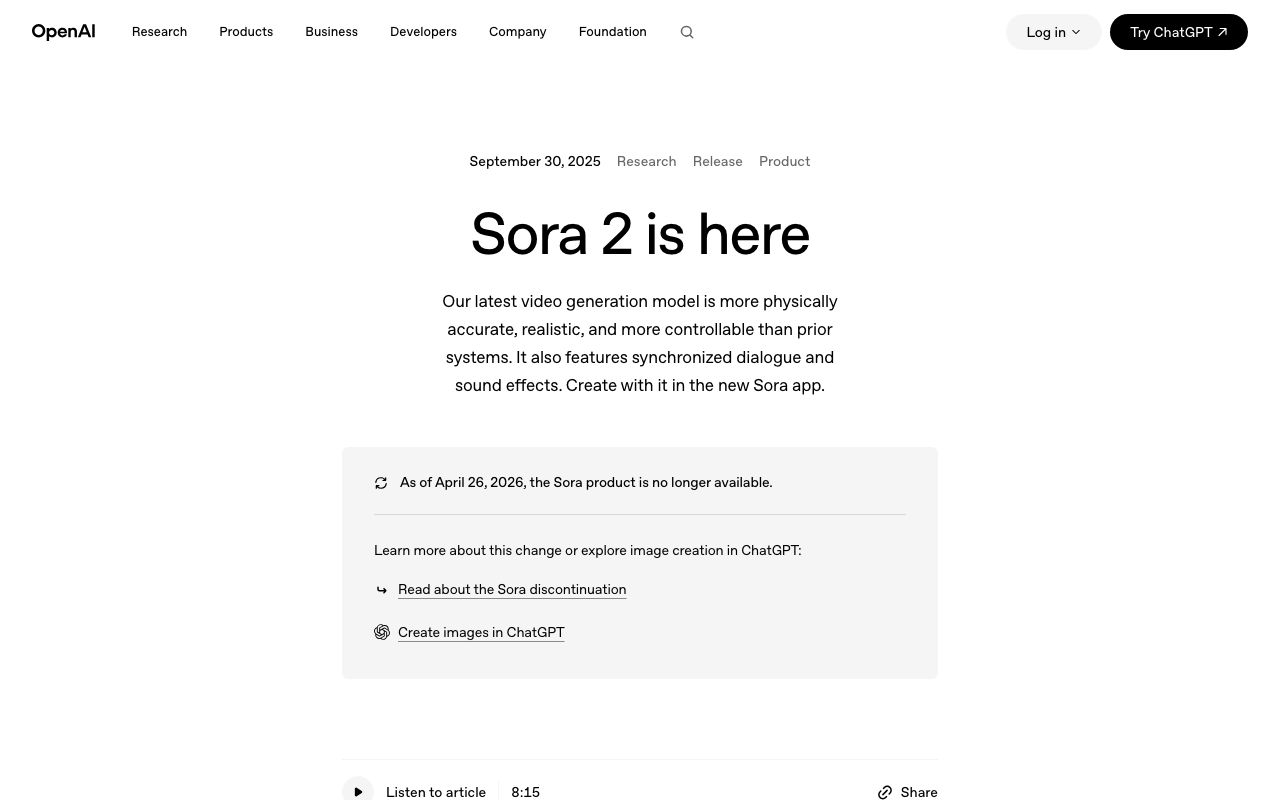 OpenAI's Sora 2 announcement page as it looked on September 6, 2026: the original launch text now sits under a notice that the Sora product has not been available since April 26, 2026.